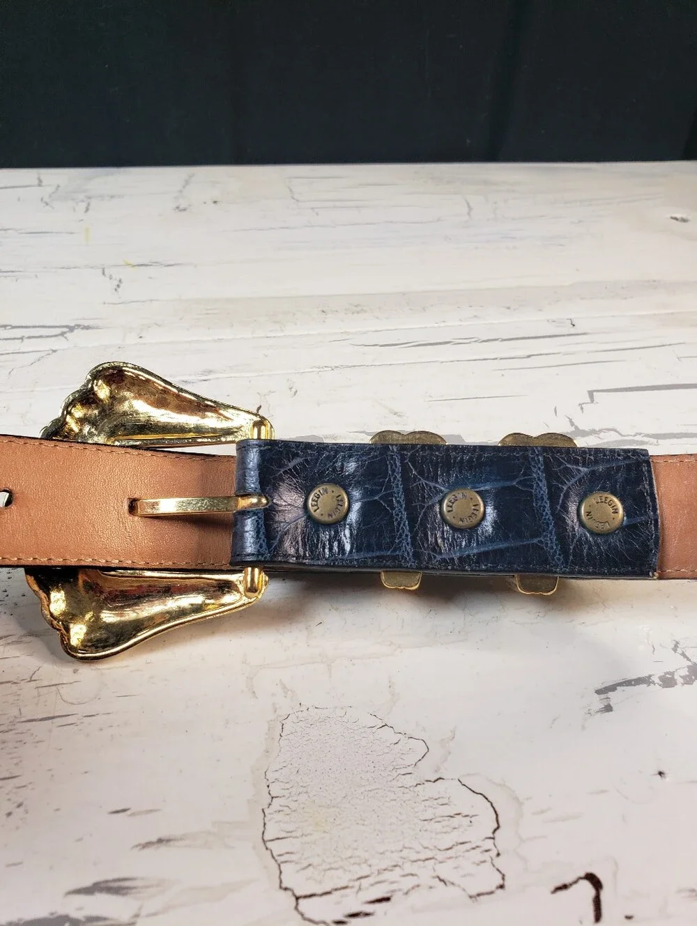 Onyx Embossed Crocodile Belt on Genuine Leather in Dark Navy - Women's size 30